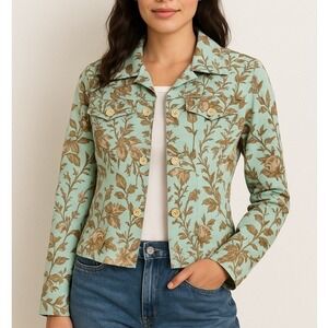 Villager Boho Floral Jacket SMALL Green Button Front Blazer Casual Retro Indie